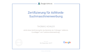 Google AdWords Zertifikat für Online-Experte Thomas Kohler